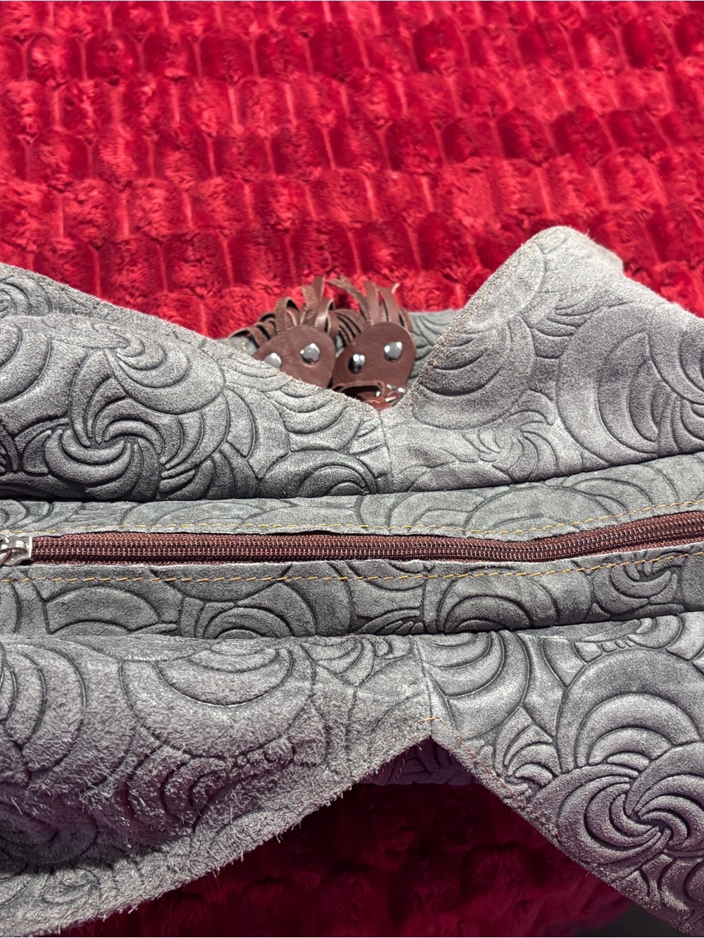 Italian Leather Bag Gray Embossed Shoulder Hobo Bag with Brown Leather Swirls - Picture 11 of 13